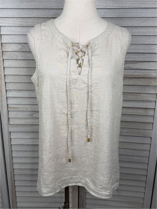 Ellen Tracy Tops - ELLEN TRACY Linen Tank Top Laced Bust Coastal Chic Preppy Minimalist Beige-M